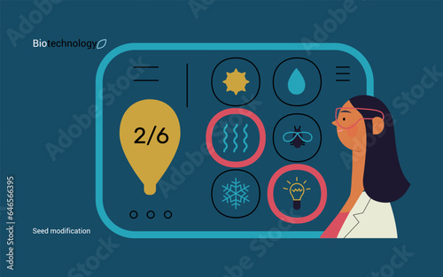 Bio Technology, Seed Modification -modern flat vector concept illustration of scientists choosing features for a seed, genetic modificated variants. Metaphor of direct impact of GMO on vegetation photo