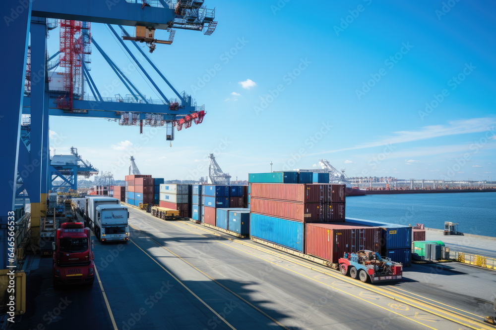 Naklejka premium containers at loading dock, with trucks waiting