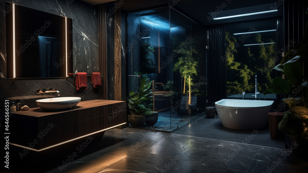 luxury, interior design, bathroom, dark,