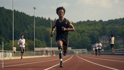 black man with prosthetic legs running on a running track