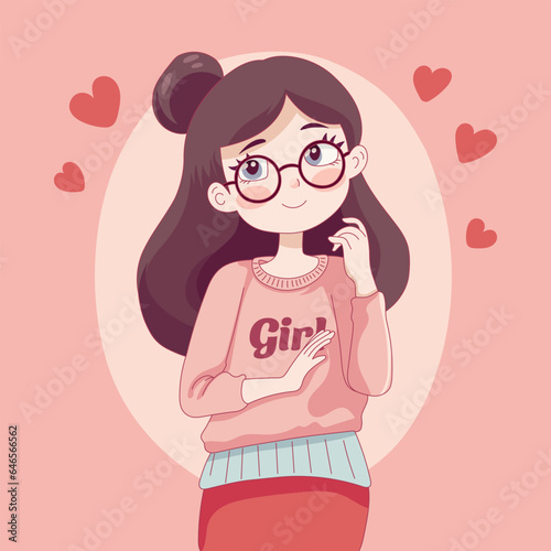 Cute girl with glasses. Love yourself. Love world. Self love concept. Active lifestyle illustration