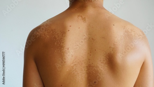 Peeling skin on human back after excessive summer sun exposure and sunburn.