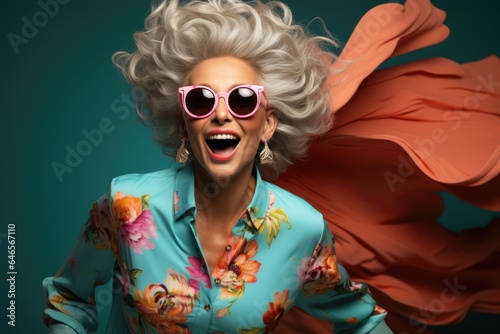 Close up photography of a funny and positive grandmother wearing colorful outfit is dancing. Generation AI