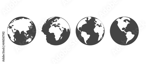 Earth globe black icon set. Planet hemispheres with continents. World map different sides. Vector illustrations.