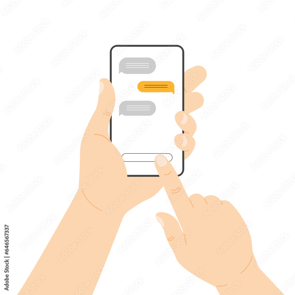 Hand holding phone with chat messages on a screen. Speech bubbles boxes on smartphone display. Sending new messages. Vector illustration in modern flat style. Hand holding phone with chat messages on a screen. Speech bubbles boxes on smartphone display. Sending new messages. Vector illustration in modern flat style.