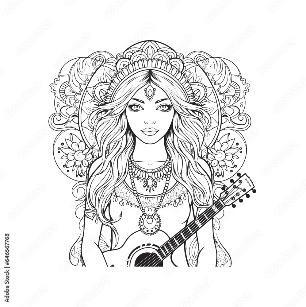 Boho style hippie only one girl coloring page for adults, simple