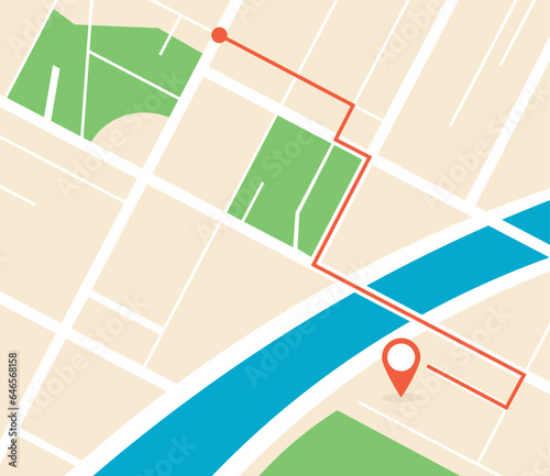 City map with GPS navigation. Route built. Red pin or pointer on street background. Top view. Vector illustration.