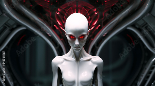 Illustration of a fictional alien character with red glowing eyes