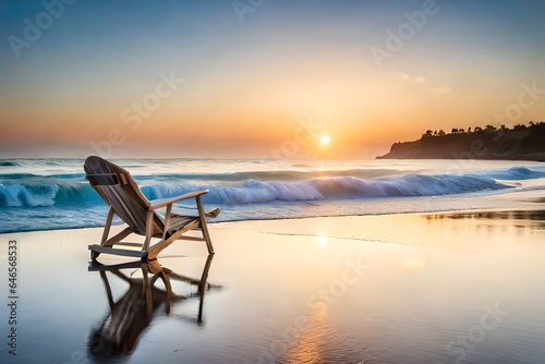 A serene  sun-kissed beach scene at dawn  with gentle waves lapping at the shore. A lone beach chair stands by the water s edge.