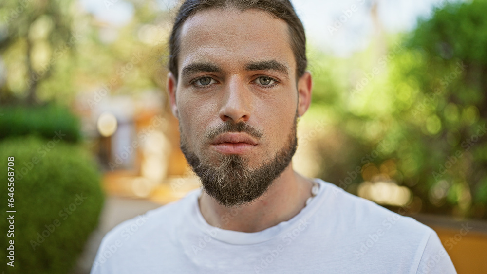 Young hispanic man standing with serious expression at park Young hispanic man standing with serious expression at park