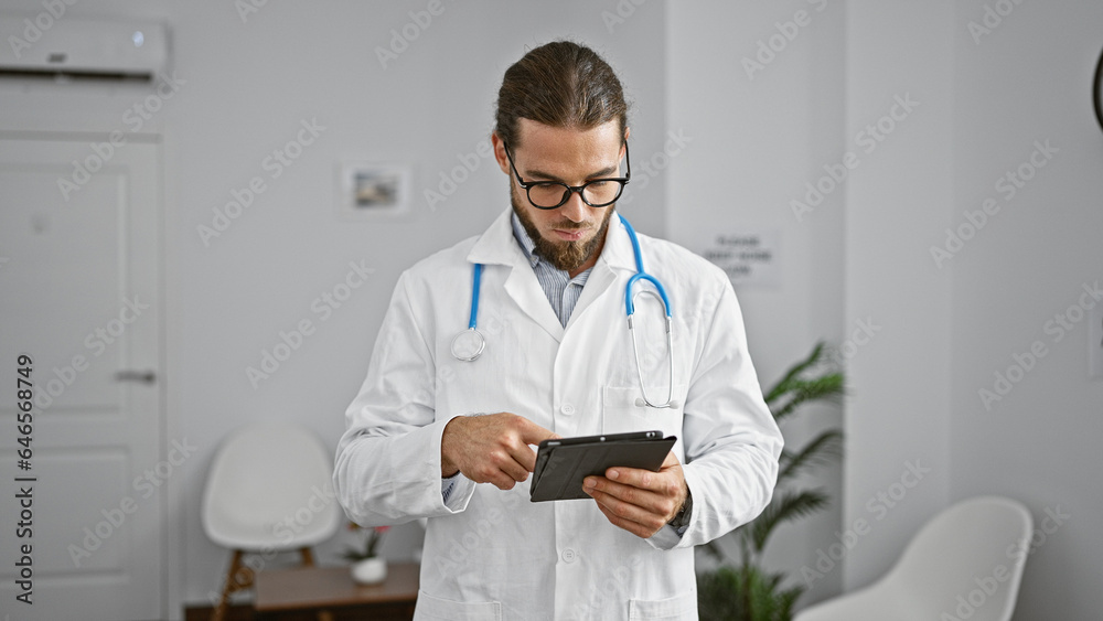 Young hispanic man doctor using touchpad at clinic waiting room