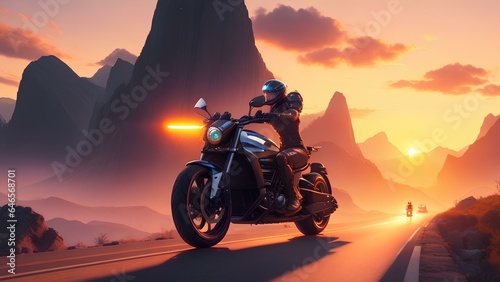 Man riding a futuristic motorcycle into the sunset with mountains on both sides of the road