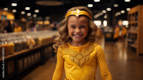 Happy young girl dressed as a superhero.