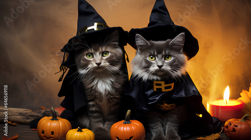 Cats on Halloween. Cats dressed up for Halloween. Cats with original costumes on Halloween. © Moon Project