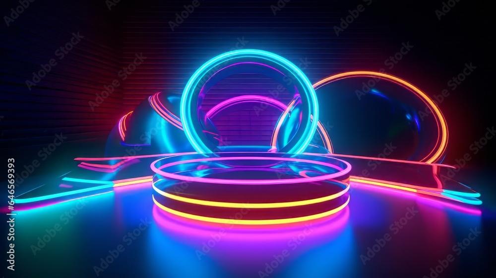 Round glowing podium with neon lights near a brick wall Round glowing podium with neon lights near a brick wall