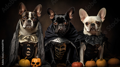 Dogs on Halloween. Dogs dressed up for Halloween. Dogs with original costumes on Halloween. © Moon Project