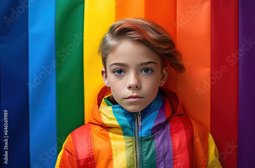 young girl with rainbow flag as background, theme concept of children rights, gender context rights and child in LGBTQ family, Generative Ai