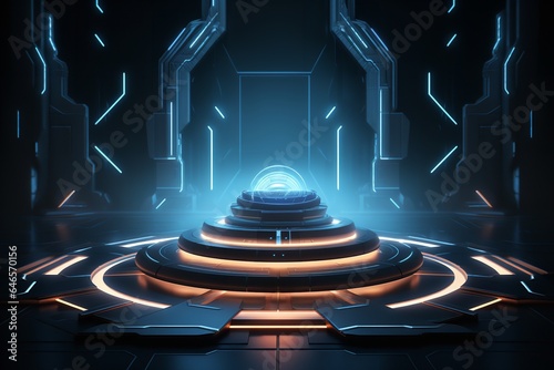 3d display product with geometric podium platform pedestal cyberpunk cyber neon futuristic scene