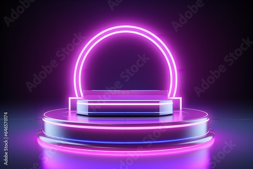 3d display product with geometric podium platform pedestal cyberpunk cyber neon futuristic scene