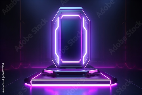3d display product with geometric podium platform pedestal cyberpunk cyber neon futuristic scene