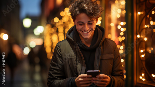 Fröhlicher junger Mann in der Stadt, der ein Smartphone verwendet, sich amüsiert und herzhaft lacht