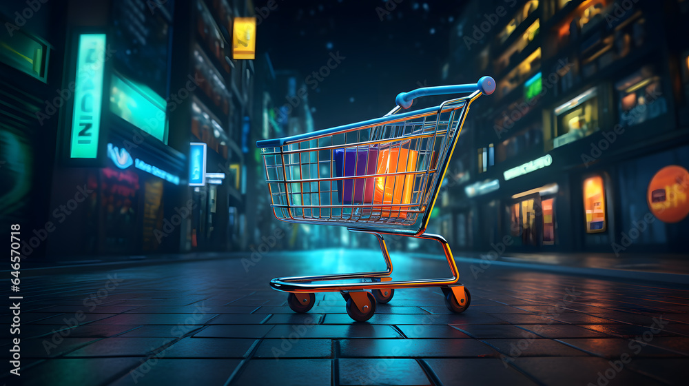 Shopping cart in the city at night