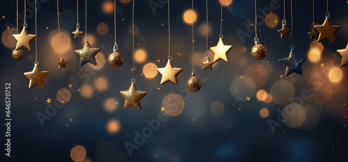 hanging start ornaments with bokeh light abstract background, generative Ai