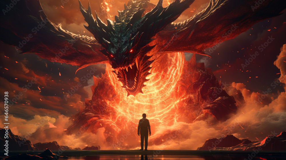 Giant scary monster dragon and person, epic scene with demon - obrazy, fototapety, plakaty 
