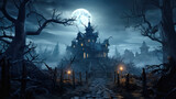 Spooky haunted house in misty wood on scary Halloween night