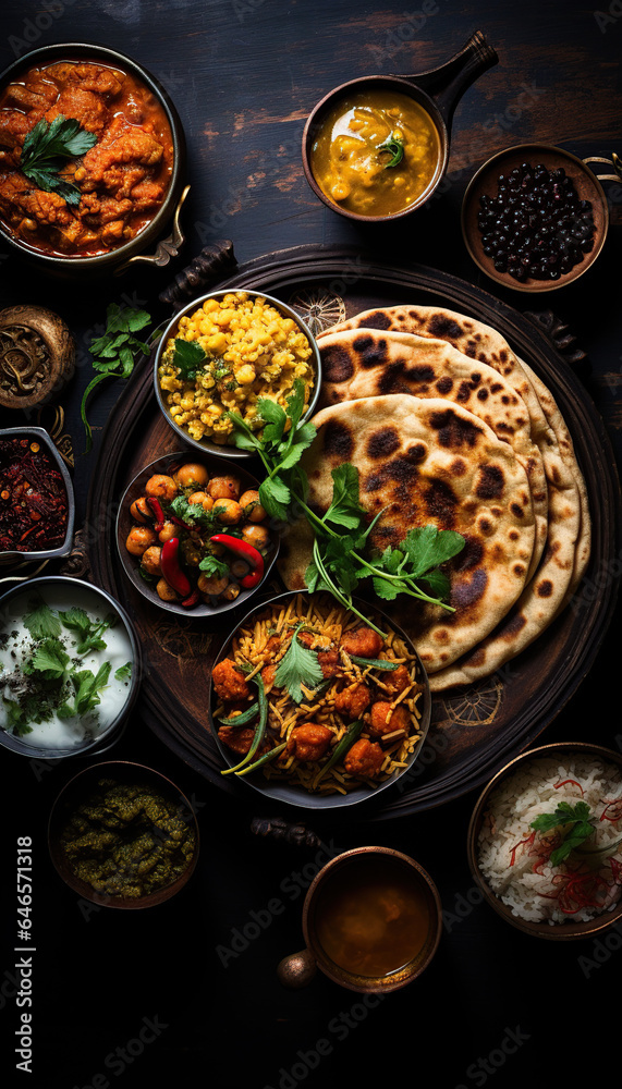 Recetas típicas indias. Generadas por IA.
Mesa completa de comida india, pakora de verduras, Kitchari, samosas, maghmour, curry de arroz basmati, Methi Murgh. Vista superior.