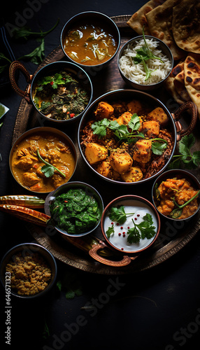 Recetas típicas indias. Generadas por IA.
Mesa completa de comida india, pakora de verduras, Kitchari, samosas, maghmour, curry de arroz basmati, Methi Murgh. Vista superior. photo