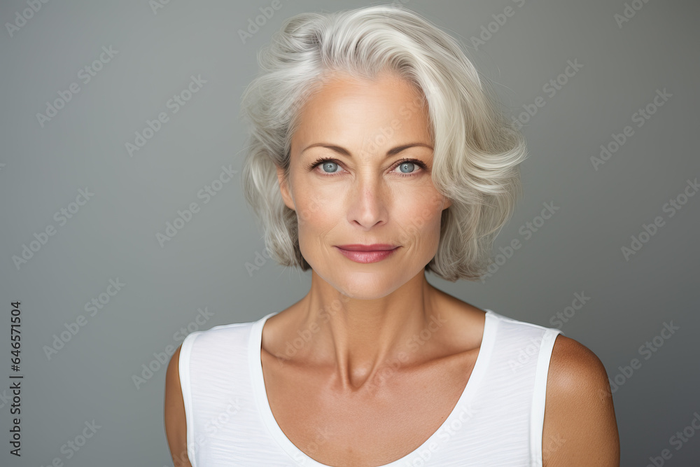 Close-Up Studio Beauty: Mature Woman on White/Grey Background
Close-Up Studio Beauty: Mature Woman on White/Grey Background