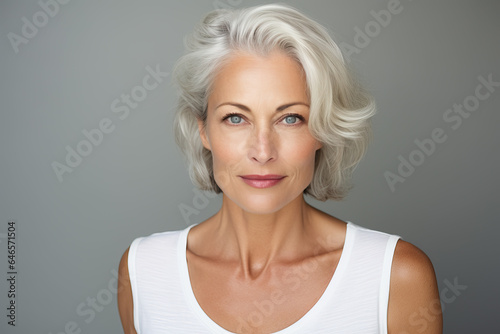 Close-Up Studio Beauty: Mature Woman on White/Grey Background
