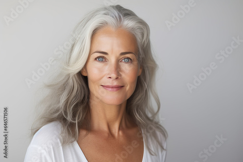 Close-Up Studio Beauty: Mature Woman on White/Grey Background 
