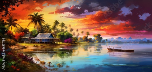 painting style illustration of beautiful nature landscape of rural countryside of Southeast Asian   village at riverside at sunset time  Generative Ai