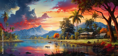 painting style illustration of beautiful nature landscape of rural countryside of Southeast Asian,  village at riverside at sunset time, Generative Ai