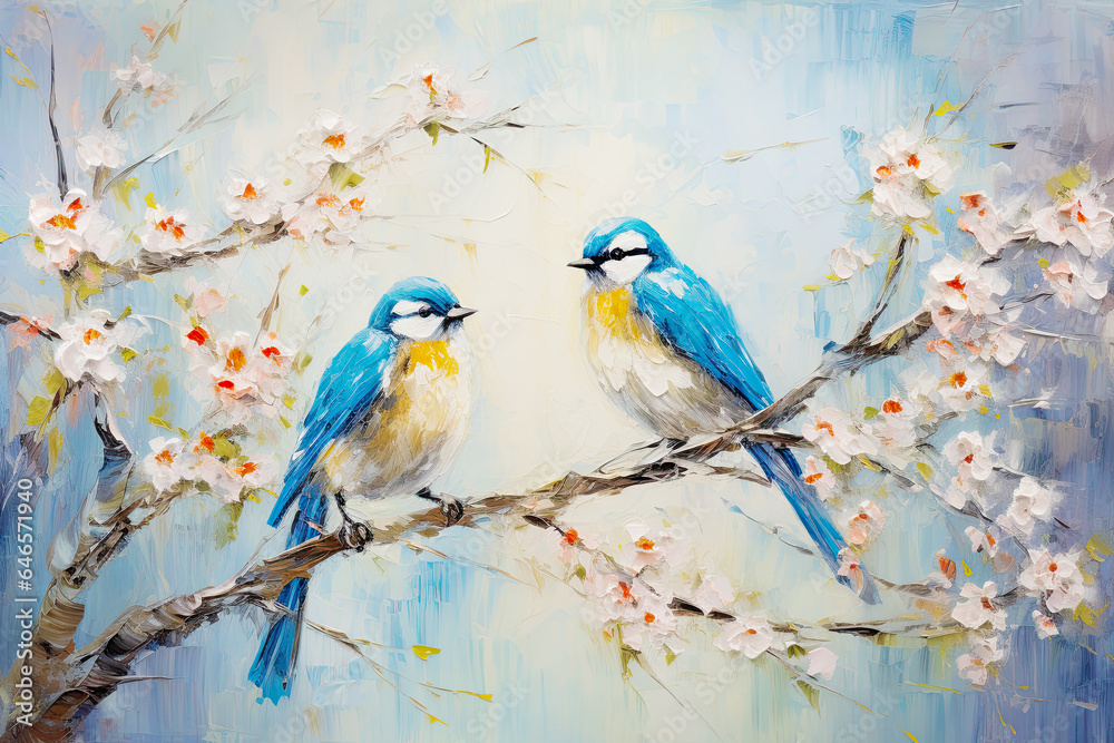 Blue Yellow Birds Sitting on Spring Branch Acrylic Painting. Canvas Texture, Brush Strokes.