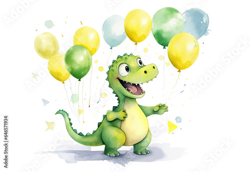 Cute Green Dinosaur with Colorful Balloons Isolated on White Background Watercolor Illustration. Greeting Birthday Card for Children