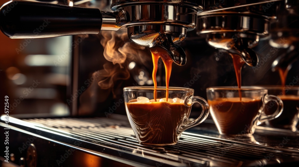 Fototapeta premium Proffessional brewing - coffee bar details. Espresso coffee pouring from espresso machine. Generative AI