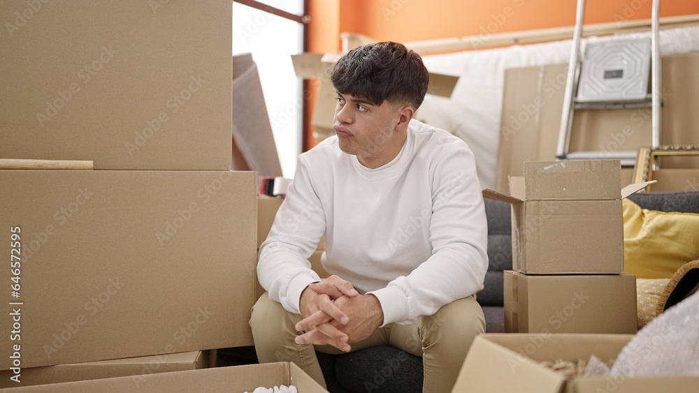 Young hispanic man stressed sitting on sofa at new home Young hispanic man stressed sitting on sofa at new home