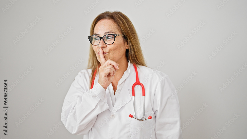 Middle age hispanic woman doctor asking for silent over isolated white background Middle age hispanic woman doctor asking for silent over isolated white background