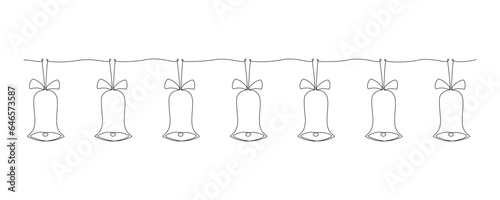 Christmas jingle bells hand draw one single line banner. Vector stock illustration isolated on white background for design template winter greeting card  banner for sale. Editable stroke. 
