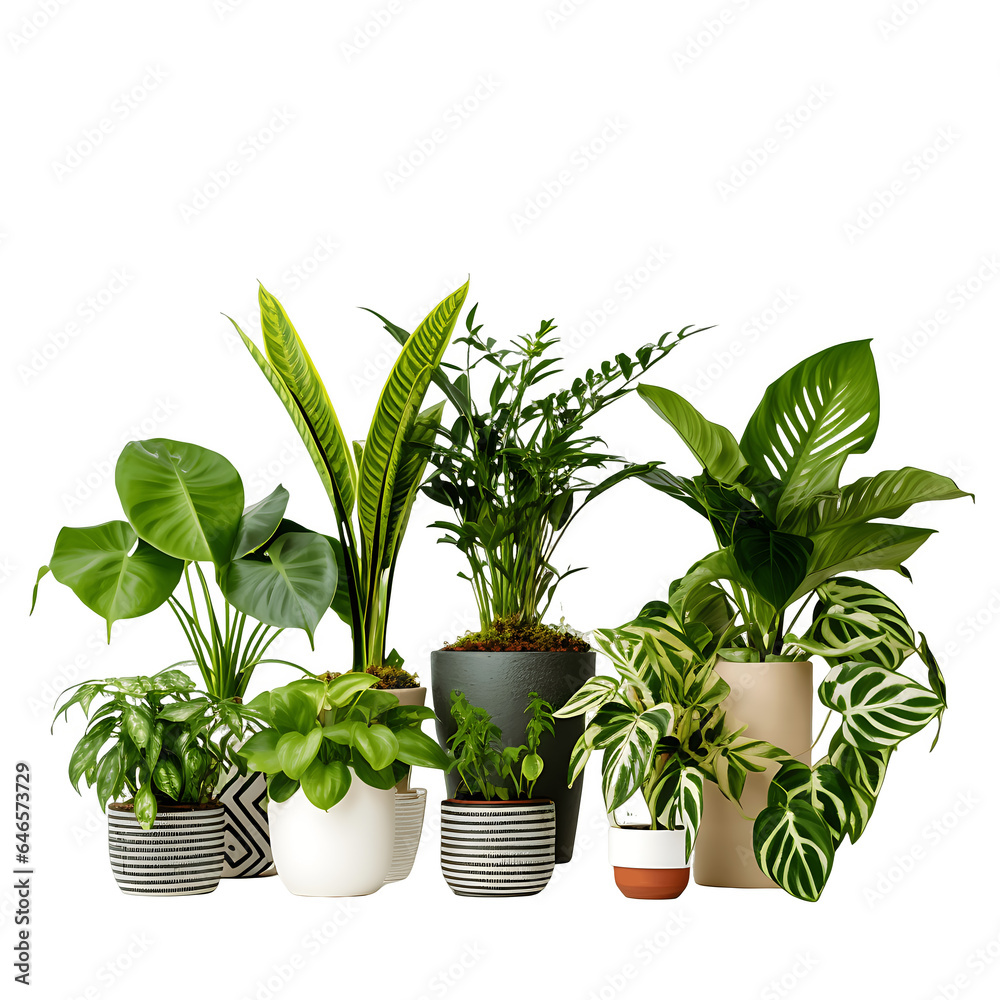 Decorative house plants in pots, no background