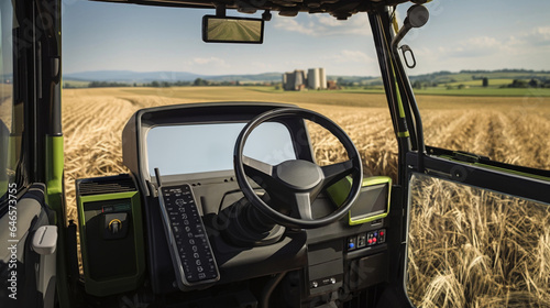 Interior of a modern tractor cabin during wheat harvest. Combine control interface. POV view from the cab. Concept of contemporary agrarian technologies, high-tech machinery, AI-driven machines © MPA STUDIO
