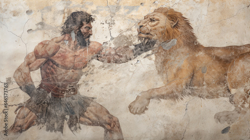 Hercules fighting lion, wall fresco like Ancient Greek and Roman art