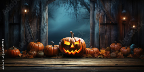 Scary pumpkin lantern in barn on Halloween night on wood background