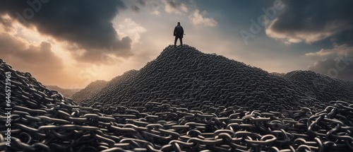 A man standing on a pile of chains against a sunset sky, conceptual art, symbolizes restriction of freedom, suppression or dependence on external circumstances or authority. photo