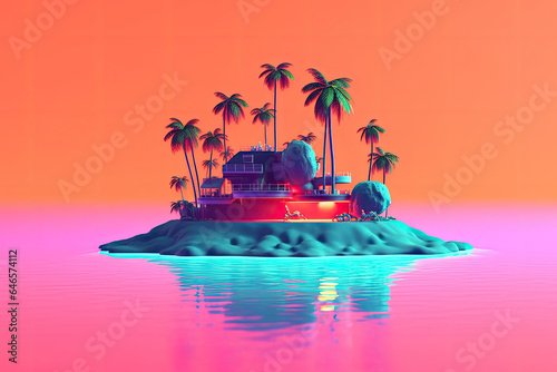 A small island with palm trees Neon Paradise Generative AI photo
