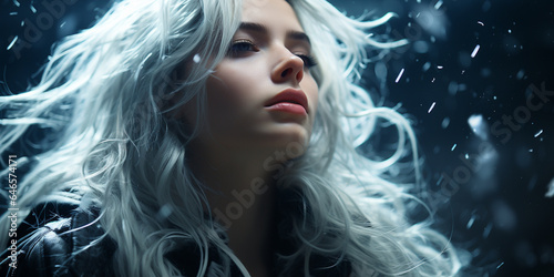 H  bsche Frau mit blau grau gef  rbten fliegenden Haar und edlen Visagistik Make up als Poster Nahaufnahme  ai generativ