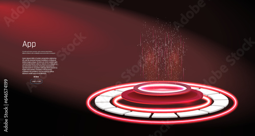 Dark futuristic room with podium and effect of light, glare, reflection, glow. Vector Circle digital portals podium, neon light platforms with red glow and sparkles isolated on black background. 